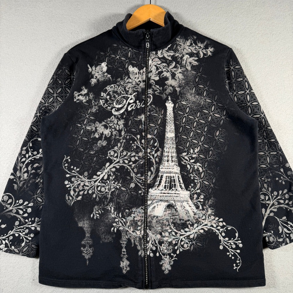 Jess & Jane Paris Eiffel Tower Zip Up Jacket Black Rhinestone Fleece USA Made